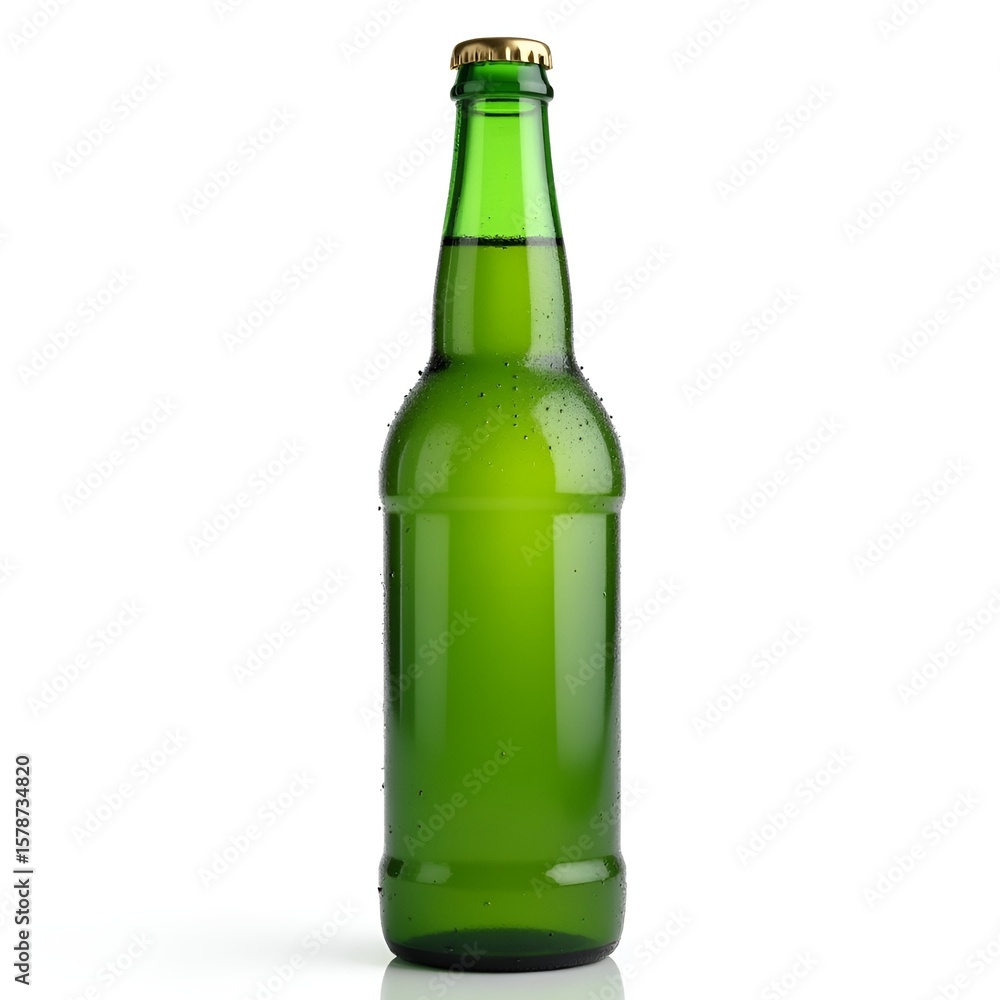 Chilled Green Beer Bottle with Water Droplets Isolated on White Background Chilled Green Beer Bottle with Water Droplets Isolated on White Background