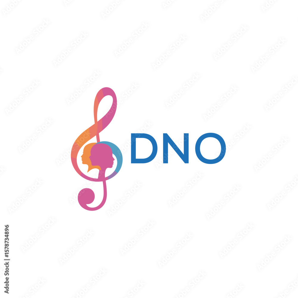 Fototapeta premium DNO “Creative music logo with human silhouettes and treble clef in gradient colors, DNO Later Logo, modern artistic design isolated on white background” 