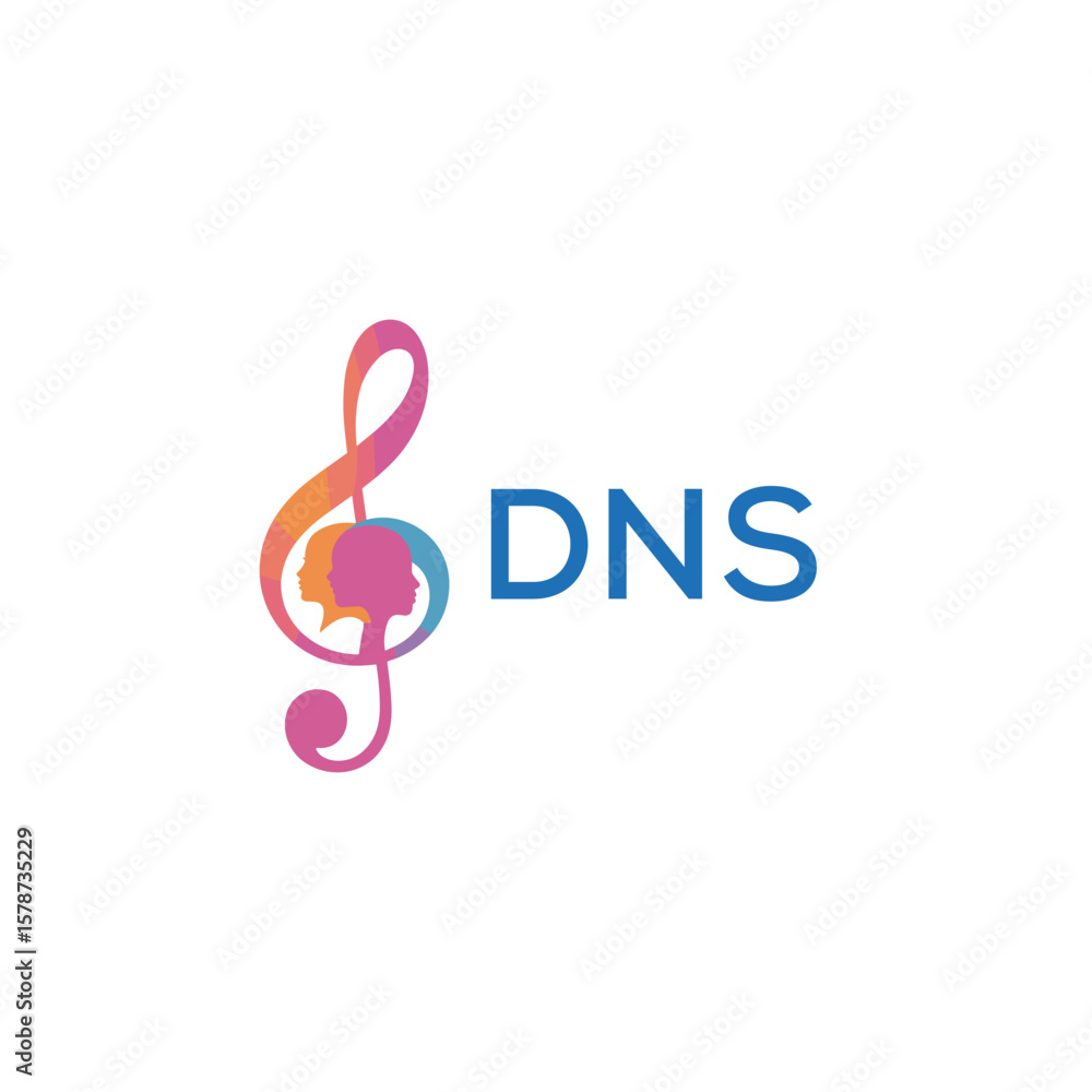 Fototapeta premium DNS “Creative music logo with human silhouettes and treble clef in gradient colors, DNS Later Logo, modern artistic design isolated on white background” 