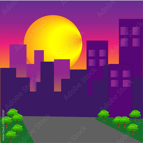 FLAT VECTOR CITYSCAPE AT SUNSET  WITH TREES AND BUILDING