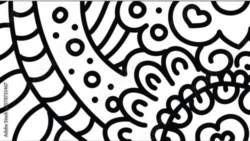 Detailed black and white abstract design featuring circles swirls and a heart shape in the upper right corner
