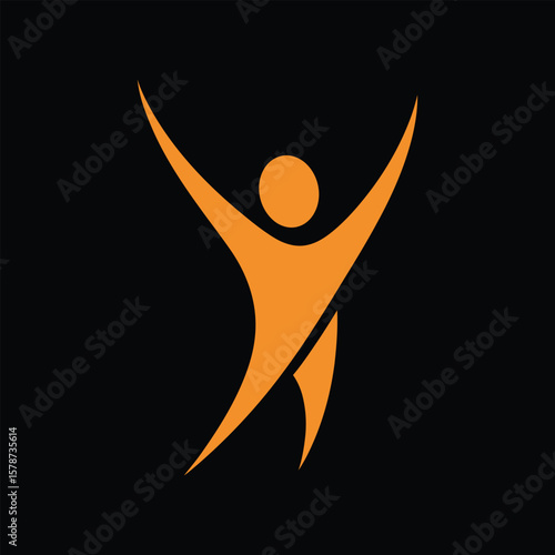 Orange abstract person with arms raised, symbolizing energy, fitness, and joy on black background