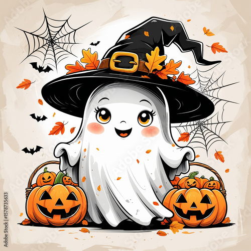 halloween pumpkin with witch hat and broom