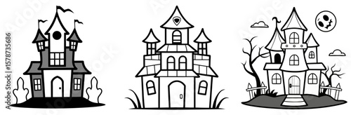 Spooky Haunted House Coloring Book Page - Outline Vector Line Art