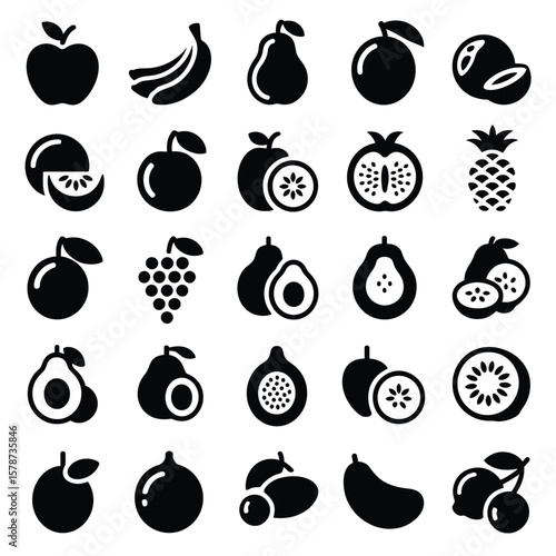 Collection of Thirty Black and White Fruit Icons Apple Banana Pear Orange Kiwi Pineapple Grapes Avocado Guava Passion Fruit and More