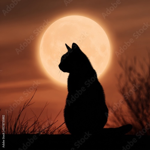 Silhouette of Cat Against Large Full Moon at Dusk in Nature
