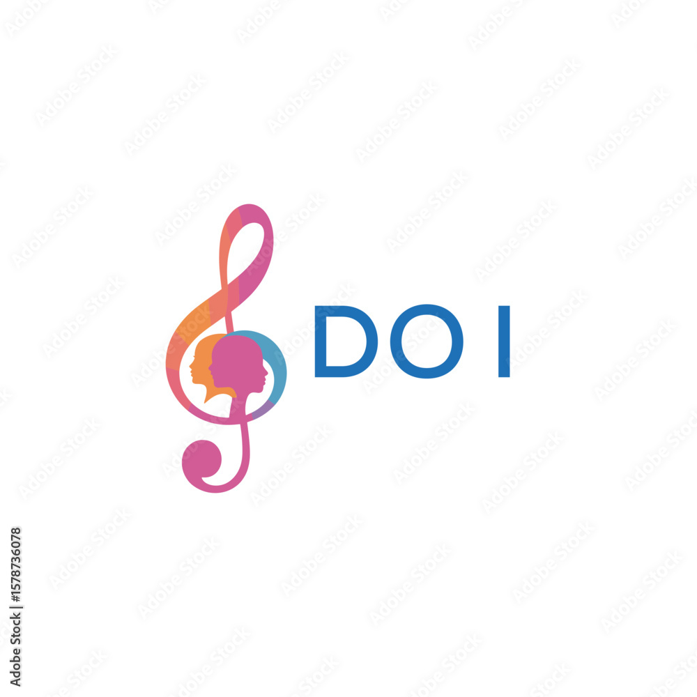 Fototapeta premium DOI “Creative music logo with human silhouettes and treble clef in gradient colors, DOI Later Logo, modern artistic design isolated on white background” 