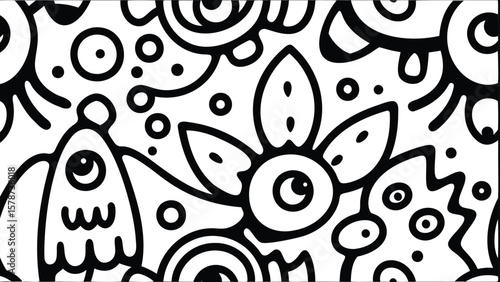 Black and white doodle pattern featuring various cartoonish creatures and abstract shapes design art