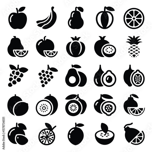 Collection of Thirty Black and White Fruit Icons Apples Bananas Pears Grapefruit Oranges Pineapple Grapes Avocados Figs Passion Fruit Kiwis Lemons