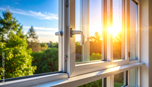 Bright scene of passive solar house with sunlight streaming through open window, creating warm and inviting atmosphere during sunset or sunrise