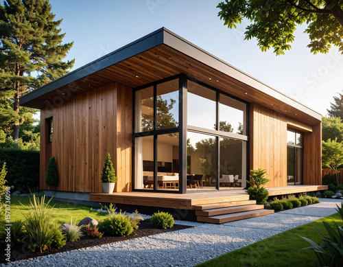 Modern passive solar house with wooden exterior and large glass windows, surrounded by lush greenery and well maintained garden, bright sunlight
