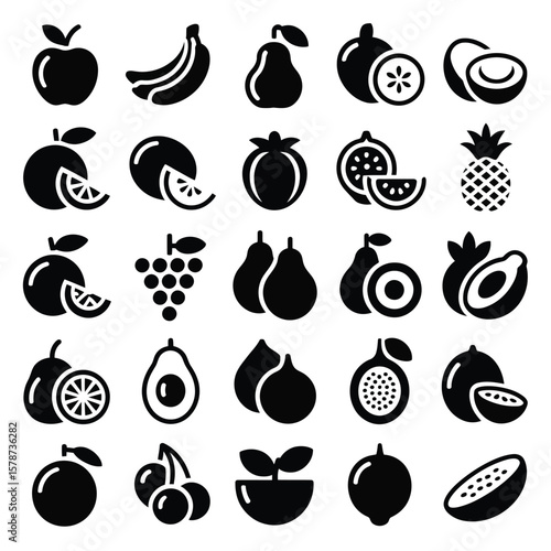 Collection of Thirty Black and White Fruit Icons Apples Bananas Pears Oranges Pineapple Grapes Avocado Cherries Figs Passion Fruit and More