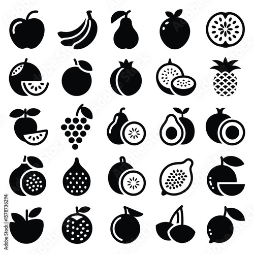 Collection of Thirty Black and White Fruit Icons Apples Bananas Pears Grapefruit Pomegranates Pineapples Avocados Figs Lemons Limes Oranges Kiwis