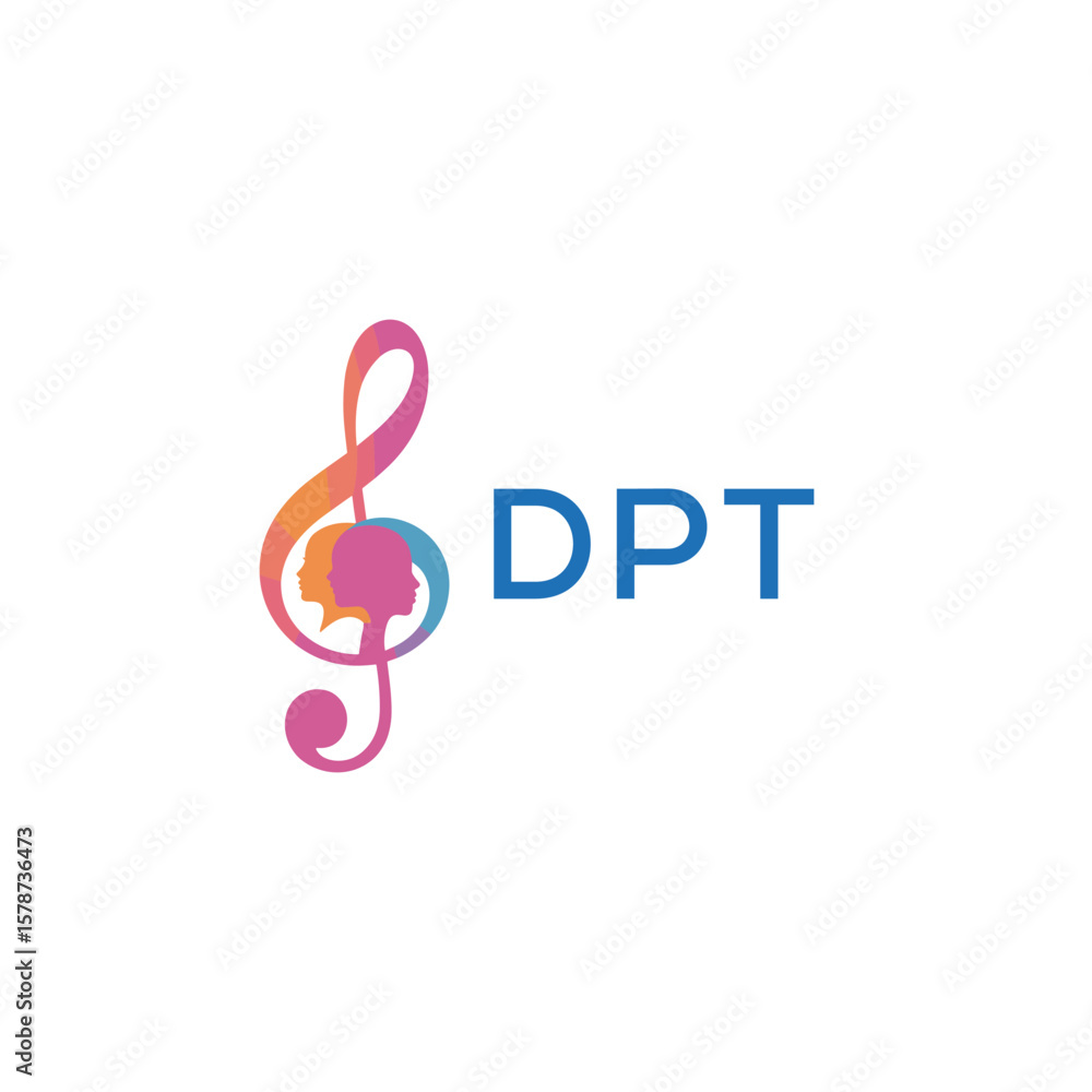 Fototapeta premium DPT “Creative music logo with human silhouettes and treble clef in gradient colors, DPT Later Logo, modern artistic design isolated on white background” 