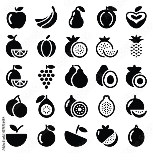 Collection of Thirty Black and White Fruit Icons Apples Bananas Pears Oranges Pineapples Grapes Kiwi Passion Fruit Pomegranates
