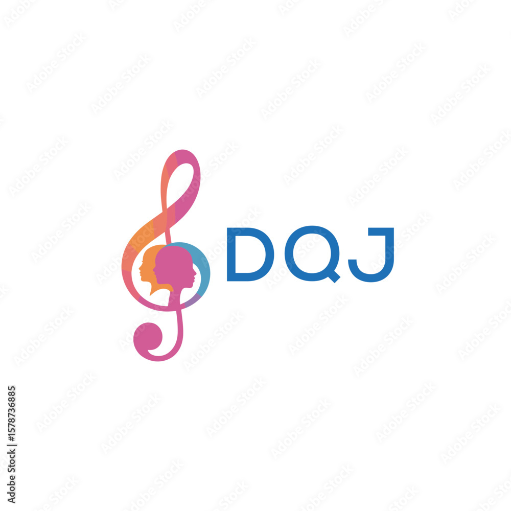 Fototapeta premium DQJ “Creative music logo with human silhouettes and treble clef in gradient colors, DQJ Later Logo, modern artistic design isolated on white background” 