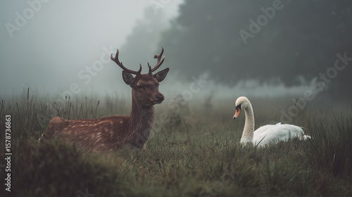 Deer and swan resting calmly together in misty field. peaceful and serene moment in nature embrace, coexisting harmoniously