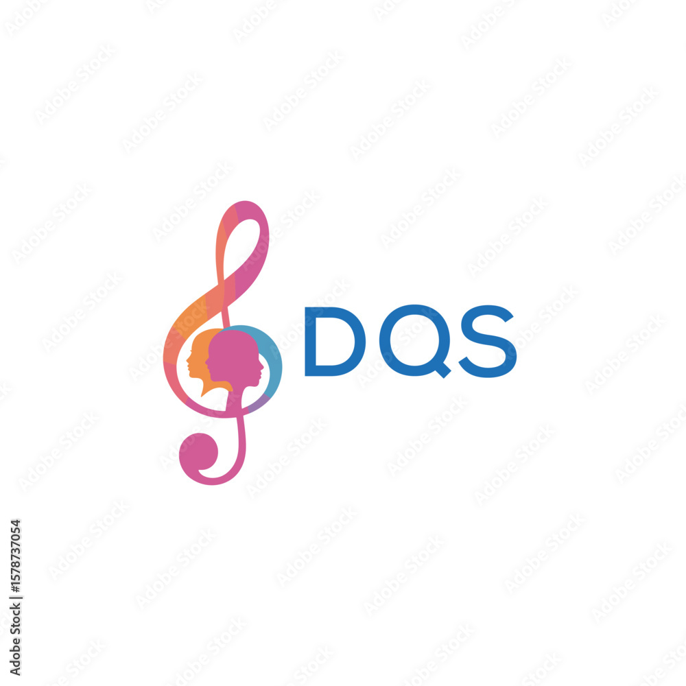 Fototapeta premium DQS “Creative music logo with human silhouettes and treble clef in gradient colors, DQS Later Logo, modern artistic design isolated on white background” 