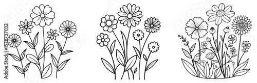 Summer Wild Meadow Flowers Coloring Book Page - Outline Vector Line Art