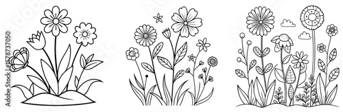 Summer Wild Meadow Flowers Coloring Book Page - Outline Vector Line Art
