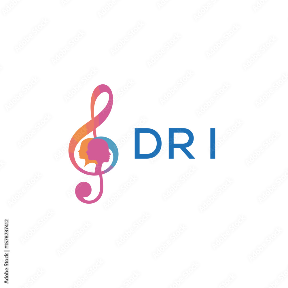Obraz premium DRI “Creative music logo with human silhouettes and treble clef in gradient colors, DRI Later Logo, modern artistic design isolated on white background”