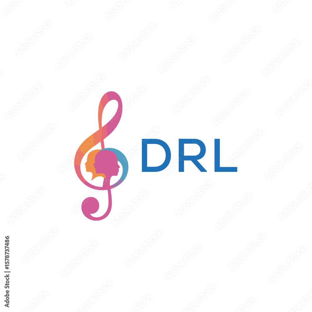Fototapeta premium DRL “Creative music logo with human silhouettes and treble clef in gradient colors, DRL Later Logo, modern artistic design isolated on white background” 