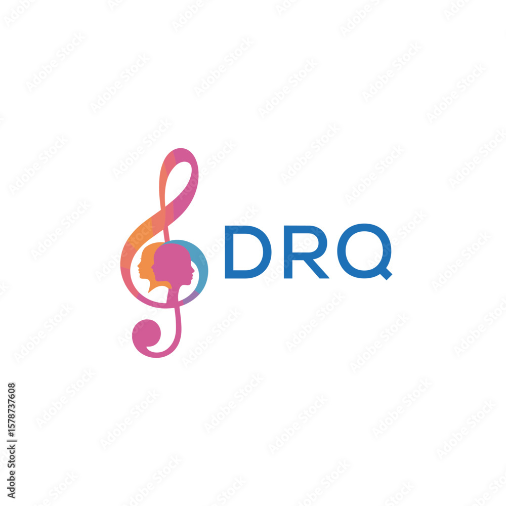 Fototapeta premium DRQ “Creative music logo with human silhouettes and treble clef in gradient colors, DRQ Later Logo, modern artistic design isolated on white background” 