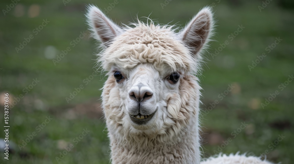 Obraz premium Close up portrait of a fluffy white alpaca with a curious expression