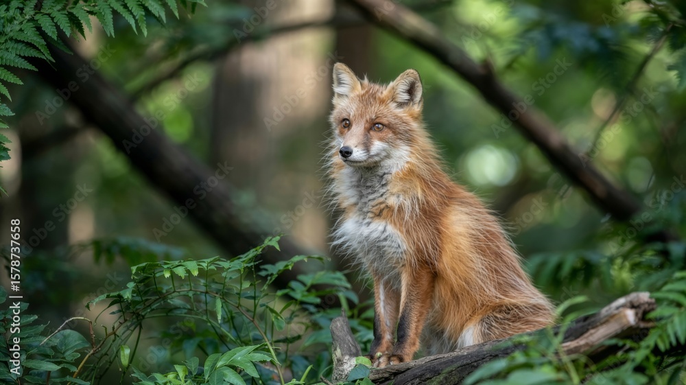 Fototapeta premium Alert red fox with bright eyes sits on a fallen log in a lush green forest