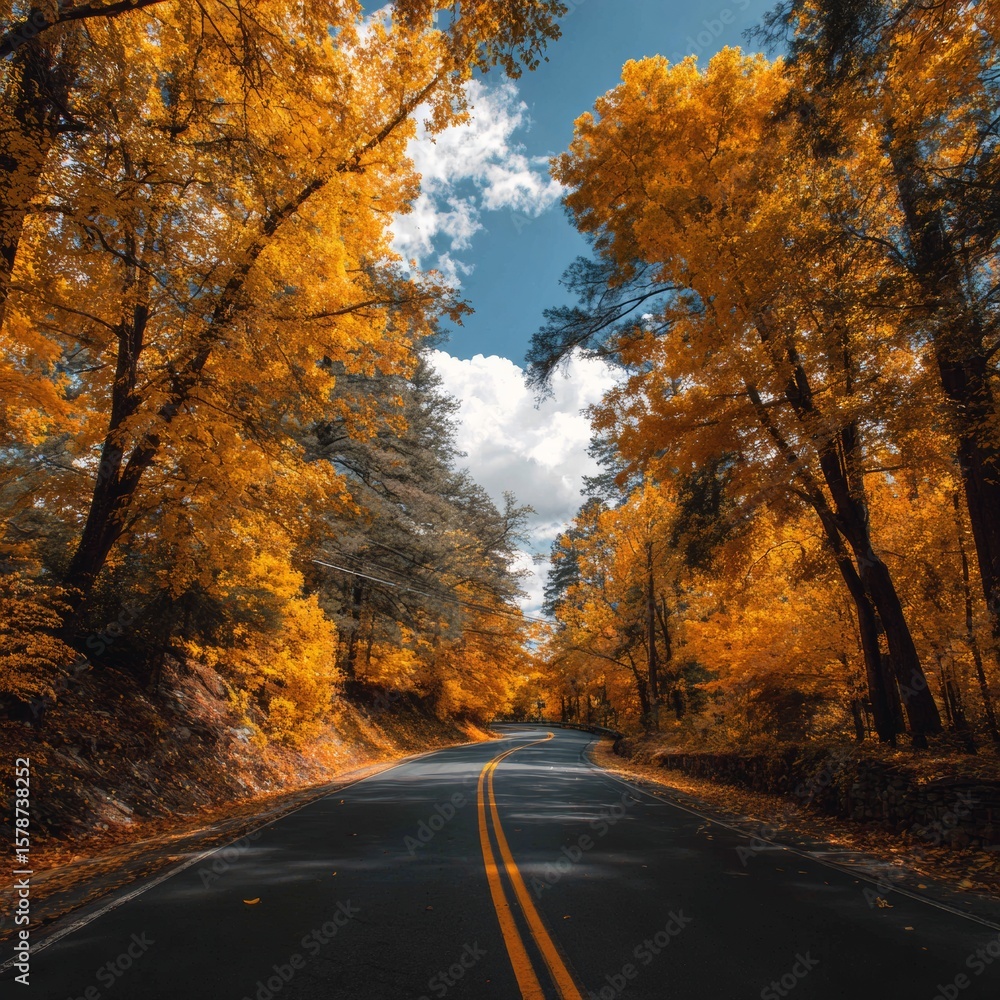 Fototapeta premium Autumn Road with Bright Yellow and Orange Leaves Under Clear Sky