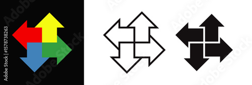 Four direction arrows interlocked – multicolor, outline, and solid icon variations