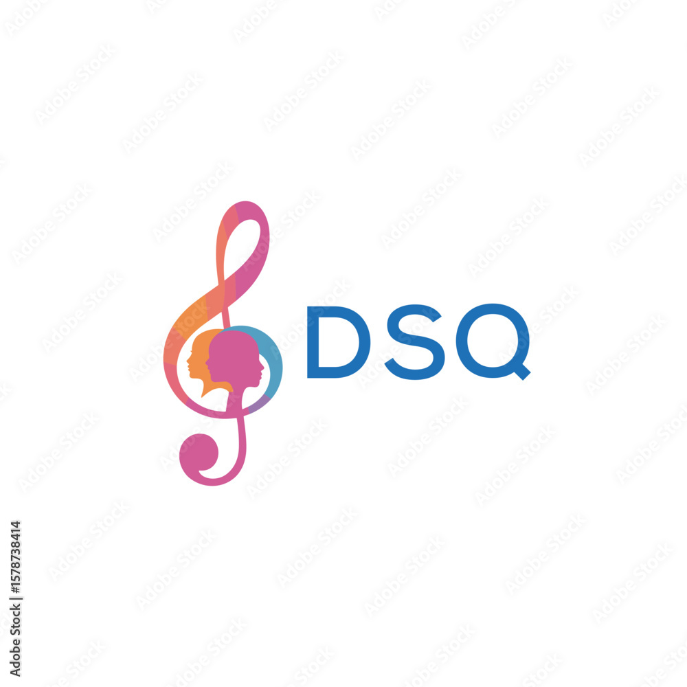 Fototapeta premium DSQ “Creative music logo with human silhouettes and treble clef in gradient colors, DSQ Later Logo, modern artistic design isolated on white background” 