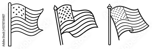 American Flag Coloring Book Page Outline - Line Art Design Vector