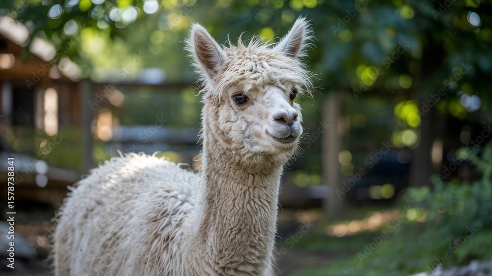 Obraz premium Close up portrait of a fluffy white alpaca with soft fur and curious eyes