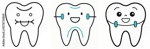 Tooth with Braces Outline - Coloring Book Page Line Art Vector