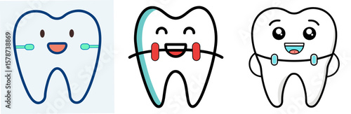 Tooth with Braces Outline - Coloring Book Page Line Art Vector
