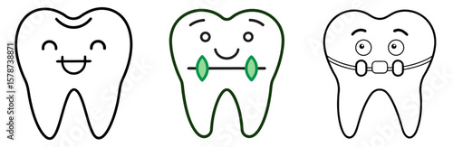 Tooth with Braces Outline - Coloring Book Page Line Art Vector