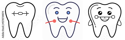 Tooth with Braces Outline - Coloring Book Page Line Art Vector