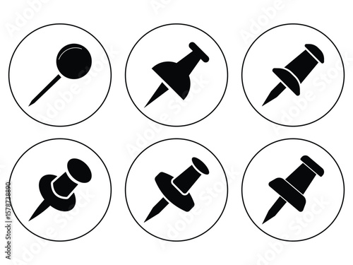 Push pins vector icon set. Pin for notes in different angles symbol. Linear pins sign. Push pin icon set. Linear and silhouette style.
