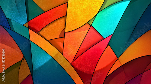 Vibrant and dynamic composition of overlapping geometric shapes in a cubism style. This colorful abstract background features a mosaic of blue, orange, yellow, and red stained glass fragments.