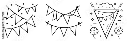 Triangle Birthday Flags Outline - Coloring Book Page Vector Design