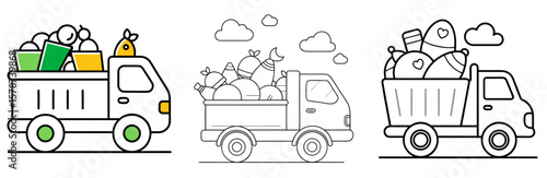 Truck Carrying Junk Outline - Coloring Book Page Vector Design