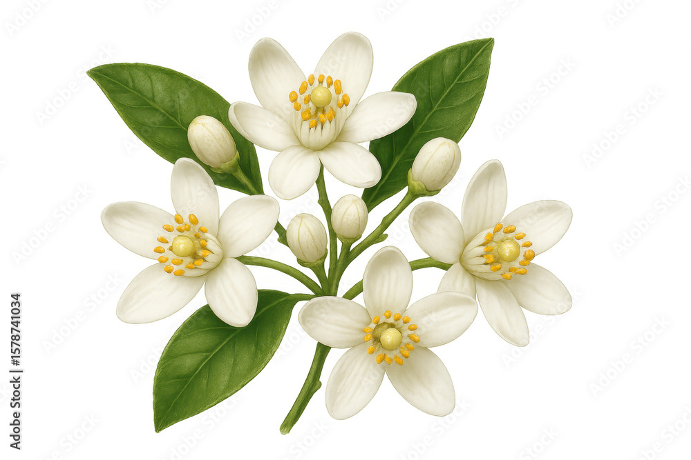 Obraz premium Realistic illustration of a fragrant orange blossom branch with delicate white flowers and green leaves, isolated on a transparent background