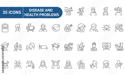 Set of 35 outline icons related to sickness, illness, disease, and health problems. Linear icon collection. Editable stroke. Vector illustration