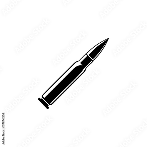 Minimalist black vector illustration of a rifle bullet, symbolizing ammunition, weaponry, military gear, or ballistic power.

