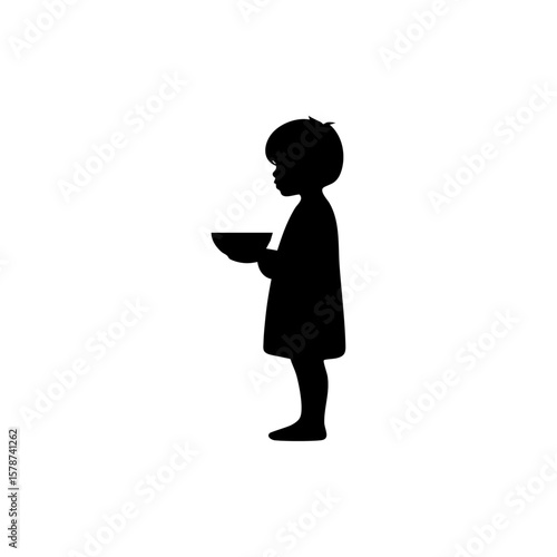 Minimalist silhouette of a child holding an empty bowl, symbolizing hunger, poverty, and humanitarian need.

