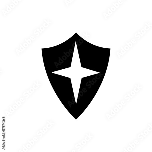 Black vector icon of a shield with a central star, representing strength, heroism, or military protection.

