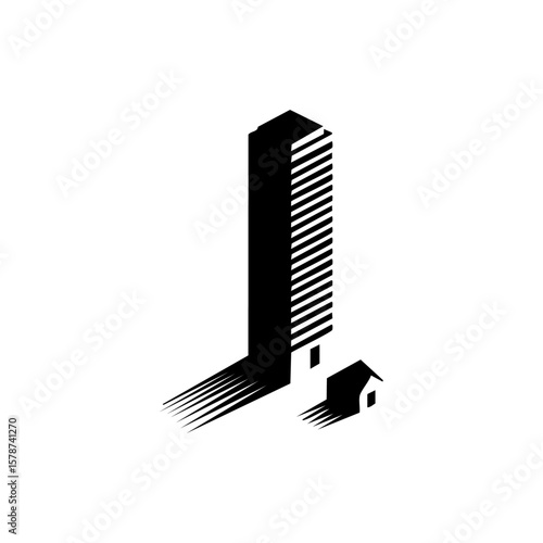 Isometric black vector icon of a high-rise building and a small house casting shadows, symbolizing inequality, real estate growth, or city dominance.

