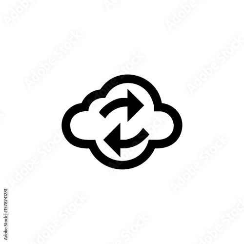 Minimalist black icon of a cloud with circular arrows, symbolizing cloud synchronization, data update, and digital backup.

