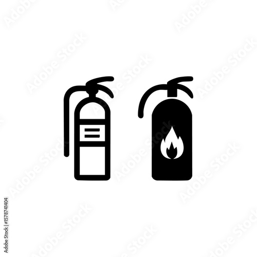 Black vector icons of two distinct fire extinguishers, one labeled and one marked with a flame, representing fire response tools. Perfect for emergency services, safety materials, and instructional si